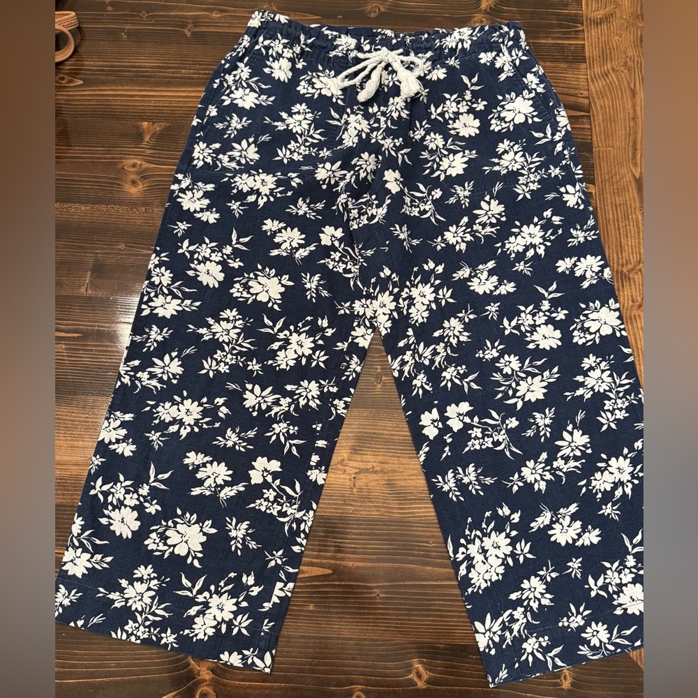 Ralph Lauren Linen Navy and White Floral‎ Wide Leg Crop Pants SP